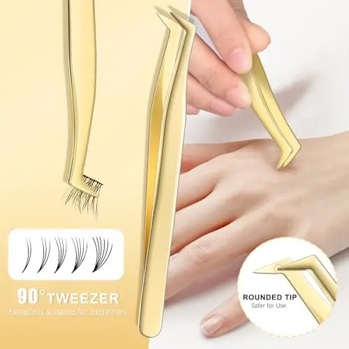 MORGLES Golden Lash Tweezers Set, 5 PCS Professional Eyelash Tweezers for Eyelash Extensions for Beginners & Lash Artists - 6