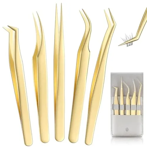 MORGLES Golden Lash Tweezers Set, 5 PCS Professional Eyelash Tweezers for Eyelash Extensions for Beginners & Lash Artists - MORGLES