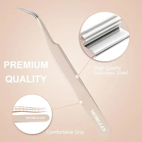 MORGLES Straight & Curved Lash Tweezers for Eyelash Extensions, 5 Pcs Precision Eyelash Tweezers for False Lashes, Lash Applicator Tool for Women Beginners - 6