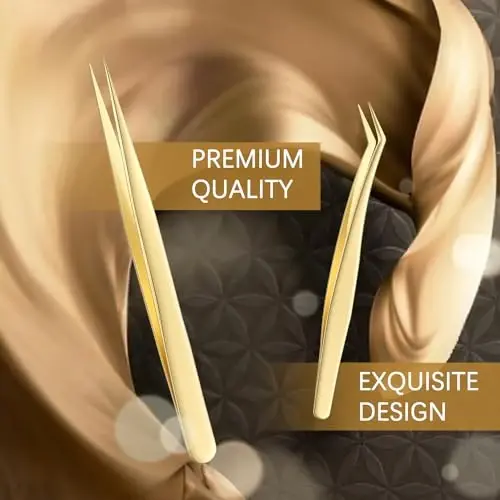 MORGLES Golden Lash Tweezers Set, 5 PCS Professional Eyelash Tweezers for Eyelash Extensions for Beginners & Lash Artists - 5