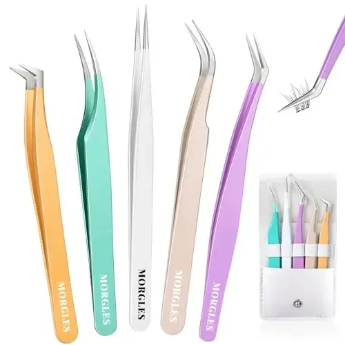 MORGLES Straight & Curved Lash Tweezers for Eyelash Extensions, 5 Pcs Precision Eyelash Tweezers for False Lashes, Lash Applicator Tool for Women Beginners - 1