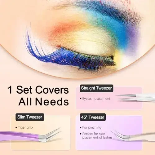 MORGLES Straight & Curved Lash Tweezers for Eyelash Extensions, 5 Pcs Precision Eyelash Tweezers for False Lashes, Lash Applicator Tool for Women Beginners - 3