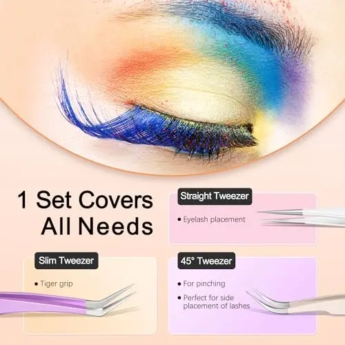 MORGLES Straight & Curved Lash Tweezers for Eyelash Extensions, 5 Pcs Precision Eyelash Tweezers for False Lashes, Lash Applicator Tool for Women Beginners - 3