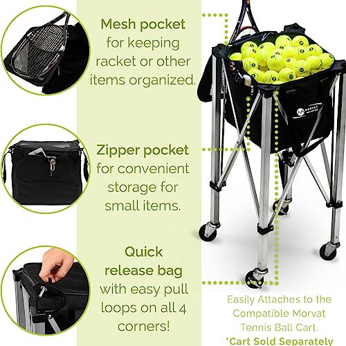 Morvat Heavy-Duty Tennis Ball Bag Holds 165 Tennis Balls, Practice Hopper with Phone Zipper Pocket - 2