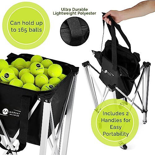 Morvat Heavy-Duty Tennis Ball Bag Holds 165 Tennis Balls, Practice Hopper with Phone Zipper Pocket - 3