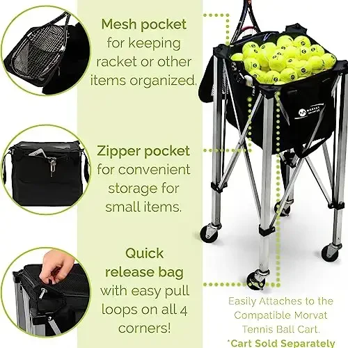 Morvat Heavy-Duty Tennis Ball Bag Holds 165 Tennis Balls, Practice Hopper with Phone Zipper Pocket - 3
