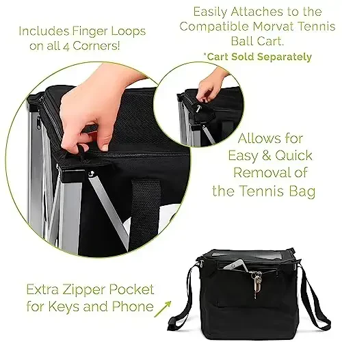 Morvat Heavy-Duty Tennis Ball Bag Holds 165 Tennis Balls, Practice Hopper with Phone Zipper Pocket - 4