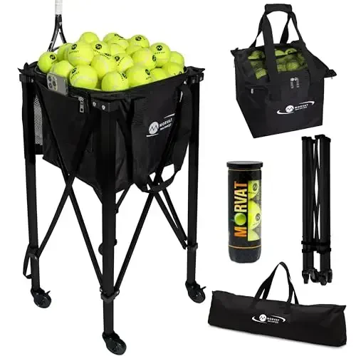 MORVAT Professional Tennis & Pickle Ball Hopper 165 ta to'pni sig'dira oladi, og'ir yuk ko'taradigan Pro Sports mashg'ulot aravachasi, katlanadigan ixcham va engil fermuarli cho'ntak va raketka ushlagichi, sumka + 3 ta tennis to'pi - MORVAT