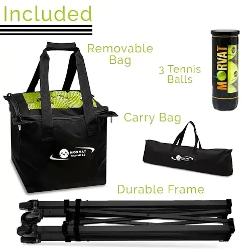 MORVAT Professional Tennis & Pickle Ball Hopper 165 ta to'pni sig'dira oladi, og'ir yuk ko'taradigan Pro Sports mashg'ulot aravachasi, katlanadigan ixcham va engil fermuarli cho'ntak va raketka ushlagichi, sumka + 3 ta tennis to'pi - 4