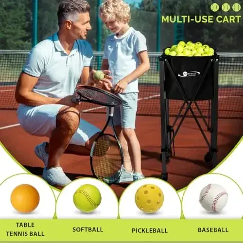 MORVAT Professional Tennis & Pickle Ball Hopper 165 ta to'pni sig'dira oladi, og'ir yuk ko'taradigan Pro Sports mashg'ulot aravachasi, katlanadigan ixcham va engil fermuarli cho'ntak va raketka ushlagichi, sumka + 3 ta tennis to'pi - 7