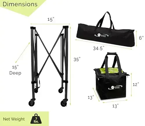 MORVAT Professional Tennis & Pickle Ball Hopper Holds 165 Balls Heavy-Duty Pro Sports Practice Cart, Foldable Portable Compact & Lightweight Zippered Pocket & Racket Holder, Carry Bag + 3 Tennis Balls - 5