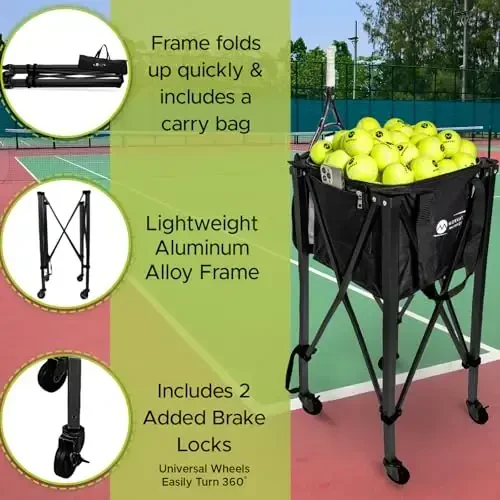 MORVAT Professional Tennis & Pickle Ball Hopper Holds 165 Balls Heavy-Duty Pro Sports Practice Cart, Foldable Portable Compact & Lightweight Zippered Pocket & Racket Holder, Carry Bag + 3 Tennis Balls - 2