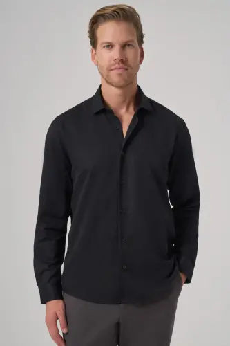 Morven Erkek Siyah Trend Slim Fit İtalyan Yaka Gömlek - 1