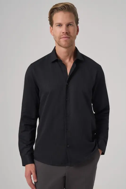 Morven Erkek Siyah Trend Slim Fit İtalyan Yaka Gömlek - MORVEN