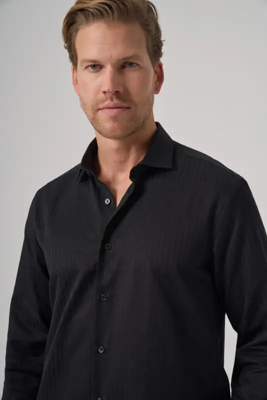Morven Erkek Siyah Trend Slim Fit İtalyan Yaka Gömlek - 3