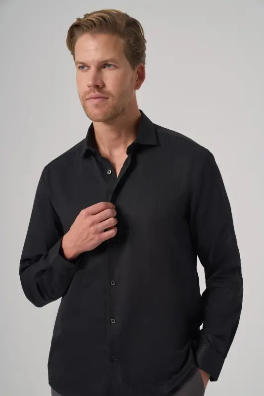 Morven Erkek Siyah Trend Slim Fit İtalyan Yaka Gömlek - 2