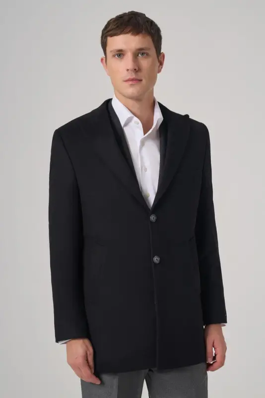 Morven Erkek Siyah Yünlü Düz Dynamic Fit Sivri Yaka Kaban - MORVEN