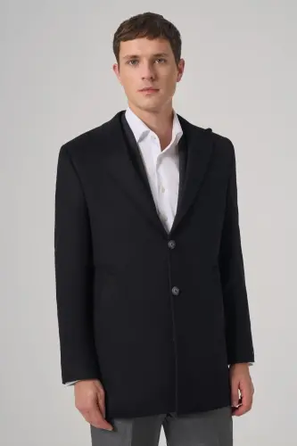 Morven Erkek Siyah Yünlü Düz Dynamic Fit Sivri Yaka Kaban - 1