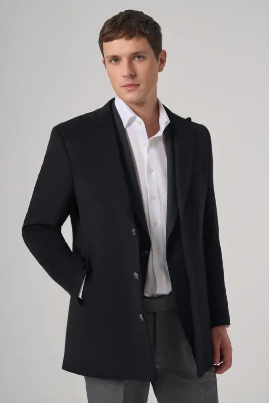 Morven Erkek Siyah Yünlü Düz Dynamic Fit Sivri Yaka Kaban - 2