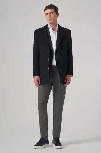 Morven Erkek Siyah Yünlü Düz Dynamic Fit Sivri Yaka Kaban - 4