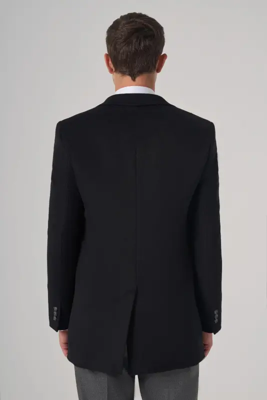 Morven Erkek Siyah Yünlü Düz Dynamic Fit Sivri Yaka Kaban - 5