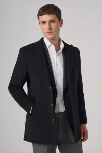 Morven Erkek Siyah Yünlü Düz Dynamic Fit Sivri Yaka Kaban - MORVEN (1)