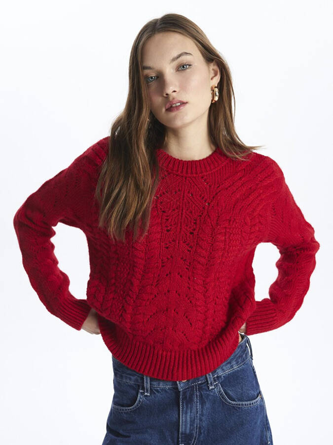 Moscow - Bike Neck Soft Textured Braid Pattern Knit Sweater - Red - 1