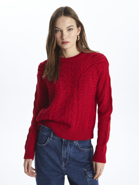 Moscow - Bike Neck Soft Textured Braid Pattern Knit Sweater - Red - 3