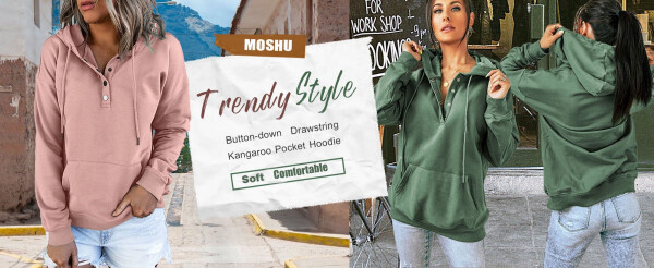 MOSHU Women's Half Button Hooded Sweatshirt with Pocket - 17