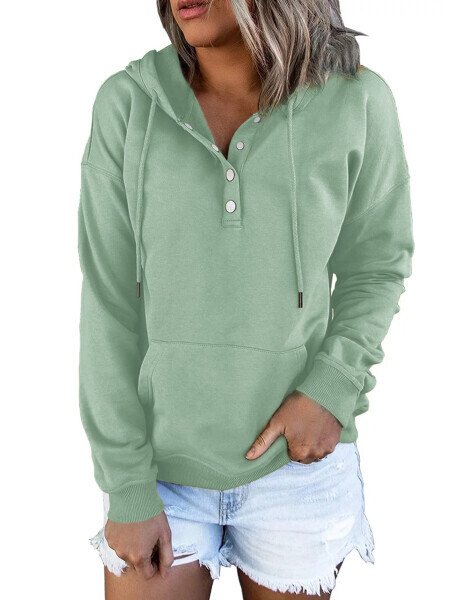 MOSHU Women's Half Button Hooded Sweatshirt with Pocket - 10