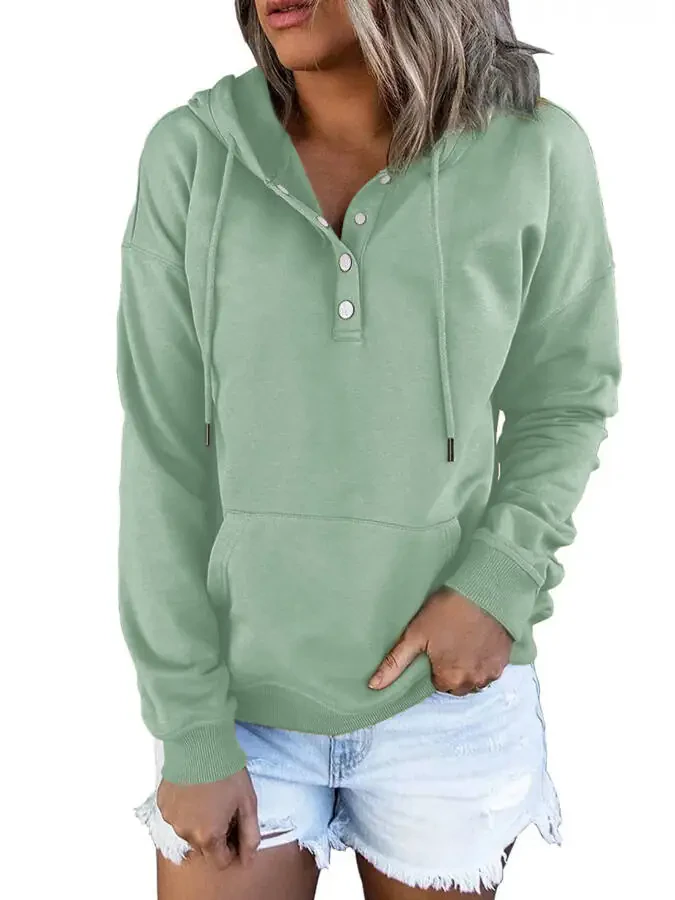 MOSHU Women's Half Button Hooded Sweatshirt with Pocket - 1
