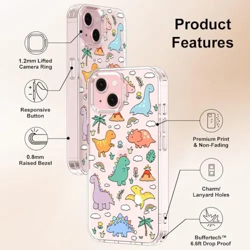 MOSNOVO Case for iPhone 15, [Buffertech 6.6ft Military-Grade Drop Protection] [Anti Peel Off Tech] Clear TPU Bumper Phone Case Cover Design - Dinosaur Land - 12