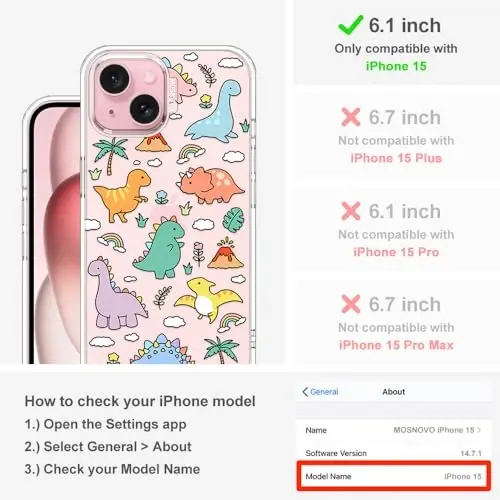 MOSNOVO Case for iPhone 15, [Buffertech 6.6ft Military-Grade Drop Protection] [Anti Peel Off Tech] Clear TPU Bumper Phone Case Cover Design - Dinosaur Land - 2