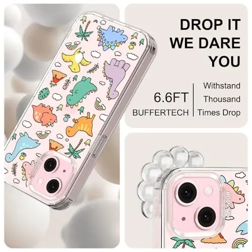 MOSNOVO Case for iPhone 15, [Buffertech 6.6ft Military-Grade Drop Protection] [Anti Peel Off Tech] Clear TPU Bumper Phone Case Cover Design - Dinosaur Land - 5