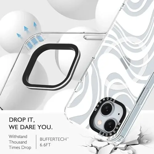 MOSNOVO Case for iPhone 15, [Buffertech 6.6ft Military-Grade Drop Protection] [Anti Peel Off Tech] Clear TPU Bumper Phone Case Cover Design - White Swirl - 1