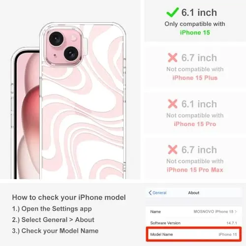 MOSNOVO Case for iPhone 15, [Buffertech 6.6ft Military-Grade Drop Protection] [Anti Peel Off Tech] Clear TPU Bumper Phone Case Cover Design - White Swirl - 3