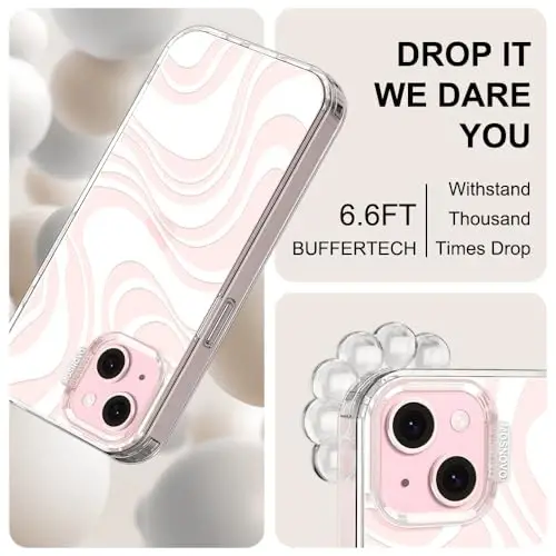 MOSNOVO Case for iPhone 15, [Buffertech 6.6ft Military-Grade Drop Protection] [Anti Peel Off Tech] Clear TPU Bumper Phone Case Cover Design - White Swirl - 6