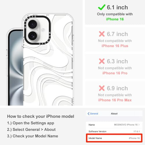 MOSNOVO Case for iPhone 16, [Compatible with Magsafe] [Buffertech 6.6ft Military-Grade Drop Protection] [Anti Peel Off Tech] Clear Phone Case Design - White Swirl - 2