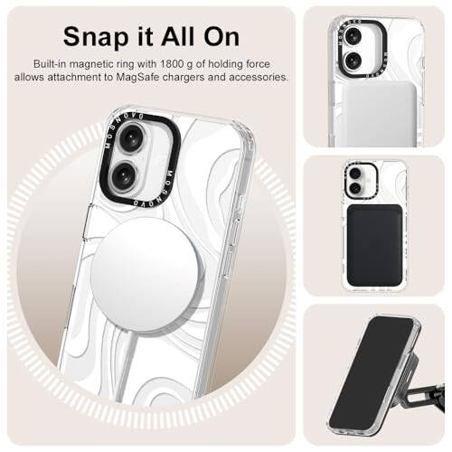 MOSNOVO Case for iPhone 16, [Compatible with Magsafe] [Buffertech 6.6ft Military-Grade Drop Protection] [Anti Peel Off Tech] Clear Phone Case Design - White Swirl - 5