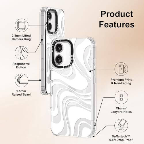 MOSNOVO Case for iPhone 16, [Compatible with Magsafe] [Buffertech 6.6ft Military-Grade Drop Protection] [Anti Peel Off Tech] Clear Phone Case Design - White Swirl - 7