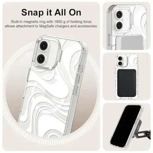 MOSNOVO Case for iPhone 16, [Compatible with Magsafe] [Buffertech 6.6ft Military-Grade Drop Protection] [Anti Peel Off Tech] Clear Phone Case Design - White Swirl - 6