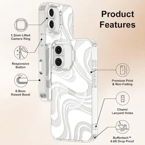 MOSNOVO Case for iPhone 16, [Compatible with Magsafe] [Buffertech 6.6ft Military-Grade Drop Protection] [Anti Peel Off Tech] Clear Phone Case Design - White Swirl - 7