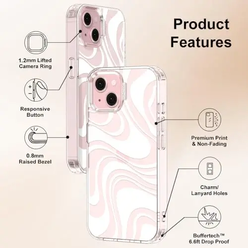 MOSNOVO iPhone 15 учун қоп, [Buffertech 6.6ft ҳарбий даражасида тушишдан ҳимоя қилувчи] [Ўзи очилмайдиган технология] Шаффоф TPU бампер телефон қопламаси, қоплама дизайни - White Swirl - 7