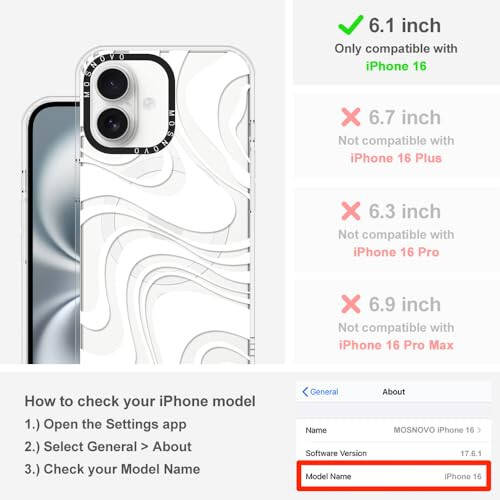 MOSNOVO iPhone 16 Kılıfı, [Magsafe ile Uyumlu] [Buffertech 6,6 Ft Askeri Sınıf Düşme Koruması] [Kabarmayan Teknoloji] Şeffaf Telefon Kılıfı Tasarımı - Beyaz Girdap - 2