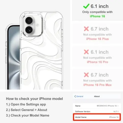 MOSNOVO iPhone 16 учун қоп, [Magsafe билан мос келадиган] [Buffertech 6,6 фут ҳарбий даражада қулашнинг олдини олади] [Чилланишга қарши технология] Шаффоф телефон қопламасининг дизайни - White Swirl - 2