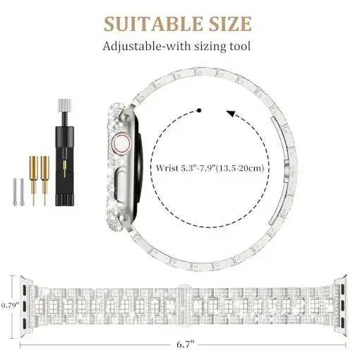 Mosonio Bling Apple Watch Band Ayollar 40/44/41/45/42/46mm bilan mos keladi, Shiny Metal Case, Full Sparking Luxury Diamond Bands va Cover Set, iWatch SE Series 11/10/9/8/7/6/5/4 uchun jozibali to'y tasmasi - 3