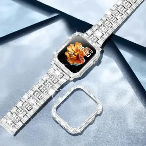 Mosonio Bling Apple Watch Band Ayollar 40/44/41/45/42/46mm bilan mos keladi, yaltiroq metall korpus, to'liq uchqunli hashamatli olmos tasmalar va qopqoq to'plami, iWatch SE Series 10/9/8/7/6/5/4 uchun jozibali to'y ziyofati tasmasi - 6