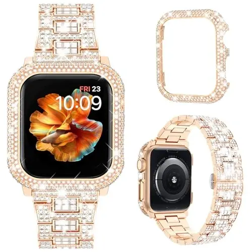 Mosonio Bling Apple Watch Band Ayollar 40/44/41/45/42/46mm bilan mos keladi, yorqin metall korpusli, to'liq uchqunli hashamatli olmos tasmalar va qopqoq to'plami, iWatch SE Series 10/9/8/7/6/5/4 uchun jozibali to'y ziyofati tasmasi - 1
