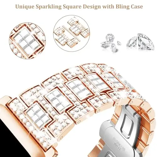 Mosonio Bling Apple Watch Band Ayollar 40/44/41/45/42/46mm bilan mos keladi, yorqin metall korpusli, to'liq uchqunli hashamatli olmos tasmalar va qopqoq to'plami, iWatch SE Series 10/9/8/7/6/5/4 uchun jozibali to'y ziyofati tasmasi - 5