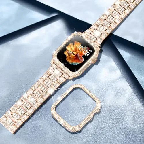 Mosonio Bling Apple Watch Band Ayollar 40/44/41/45/42/46mm bilan mos keladi, yorqin metall korpusli, to'liq uchqunli hashamatli olmos tasmalar va qopqoq to'plami, iWatch SE Series 10/9/8/7/6/5/4 uchun jozibali to'y ziyofati tasmasi - 6